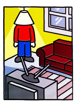 Ben El Halawany a.k.a. El Bebbe Grande Silkscreen poster of a livingroom with a hiding person under a lampshade, by Ben el Halawany a.k.a. El Bebbe Grande